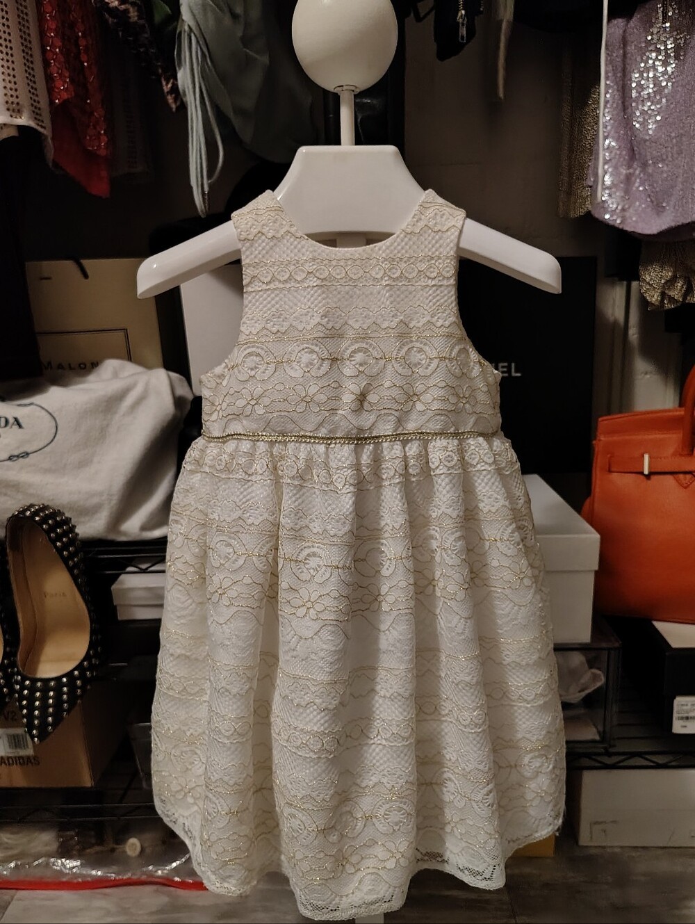 Laura Ashley White Lace Party Dress with Gold Trim